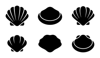Set of 6 Black Scallop Shell Icons, Marine Life Vector Graphics, Ocean Beach Elements © Tanvir