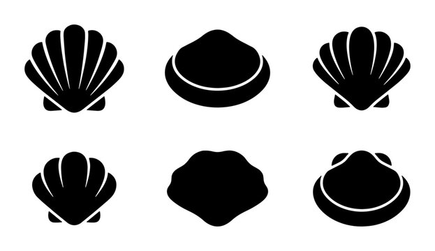 Set of 6 Black Scallop Shell Icons, Marine Life Vector Graphics, Ocean Beach Elements