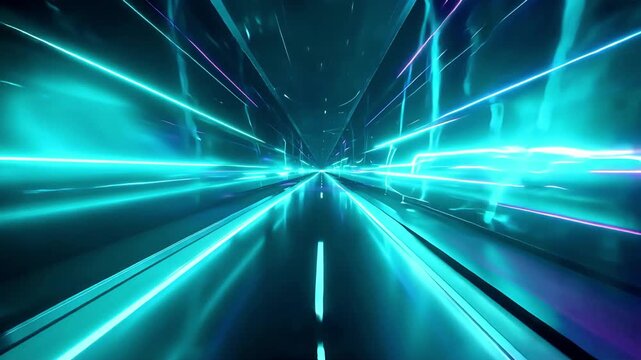 Digital Data Highway with Fast Cyan Neon Light Streaks. 4K Video