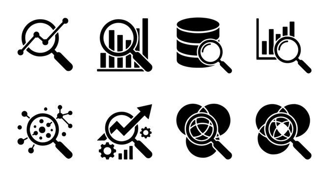 Data Analysis Icons, Magnifying Glass Charts, Database Search, Business Analytics Vector Set