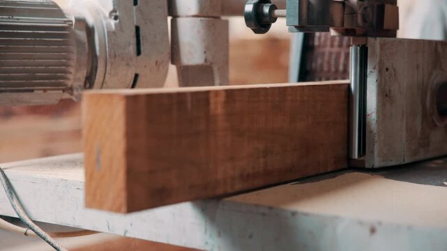 Closeup, machine and carpentry with wood for sanding in workshop, smooth timber and furniture manufacturing. Industrial sander, tools or equipment with lumber in factory, woodworking and production