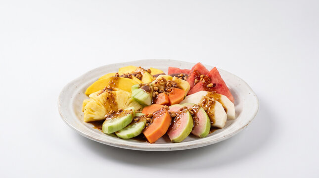 Traditional Indonesian fruit rujak served on a white plate isolated on a white background.
