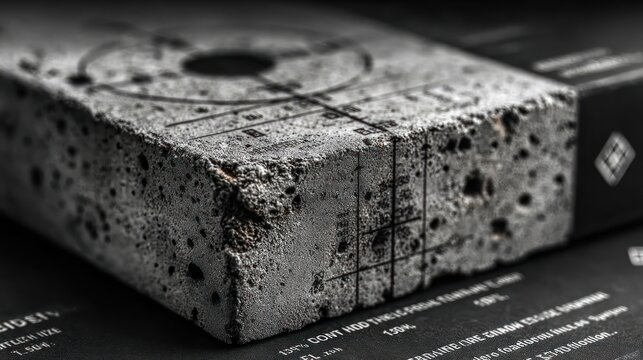 Close-up of concrete block with crosshairs, lines, and textures