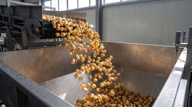 Fresh washed potatoes pouring from cleaning machine onto an industrial conveyor belt