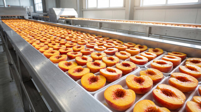 Fresh sliced peach halves moving on an automated conveyor belt for industrial freezing processing