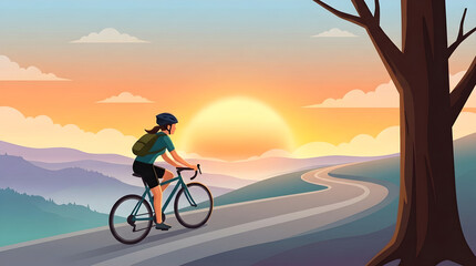 Obraz premium Adventure cyclist exploring dramatic sunrise landscape with warm orange sky
