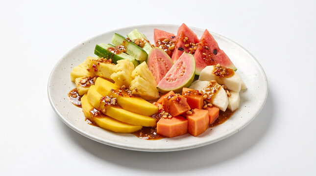 Traditional Indonesian fruit rujak with colorful tropical fruits isolated on a white background.