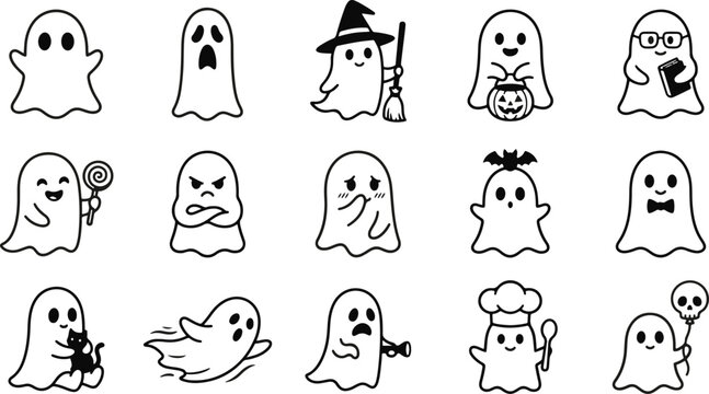 Black and white ghost icon set with various expressions and props