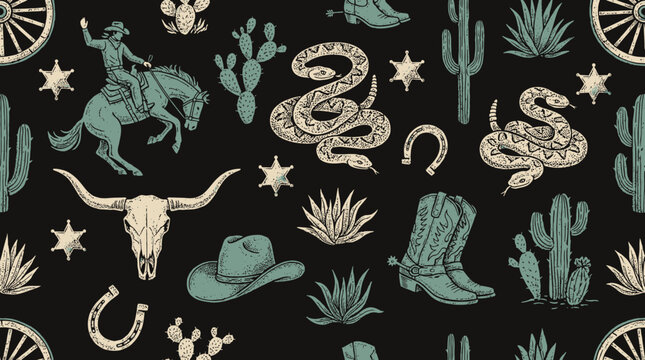 Seamless vintage hand drawn western pattern with cowboy on horse rattlesnake skull and cactus on black background, symbolizing wild west adventure and representing heritage textile design