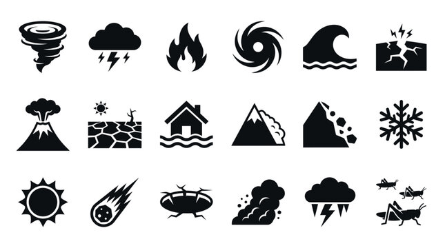 Collection of black natural disaster icons including earthquake tornado flood and wildfire on white background, representing emergency preparedness kits or illustrating environmental hazard