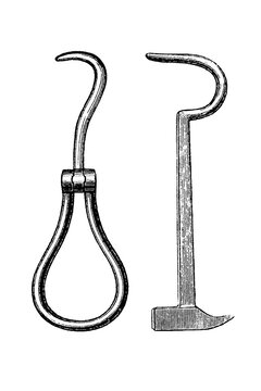 Two antique farrier's hoof picks, one assembled, one disassembled with hammer, old vintage illustration, 1889.