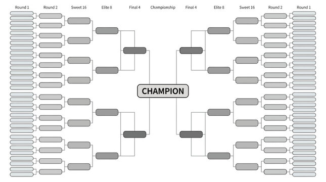 Tournament bracket chart for sixty four teams with round labels from opening stages to final championship match on white background, representing sports planning and illustrating game ranking