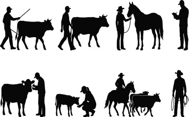 Fototapeta premium Cattle farming and ranching silhouettes collection featuring farmers veterinarians and handlers isolated on white background