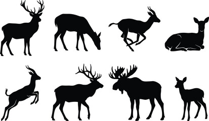 Deer and horned wildlife silhouettes set featuring stag moose fawn and gazelle isolated on white background © MstRowshan