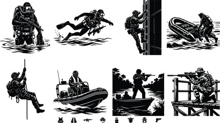 Military Special Forces and Navy Seals Vector Set with Scuba Divers, Tactical Boats, and Sniper Silhouettes © MstRowshan