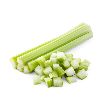 A celery stalk cut into bite-sized pieces, showing its fibrous texture. full length isolate on transparent background