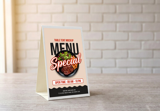 Table Tent Menu Mockup on Wooden Surface