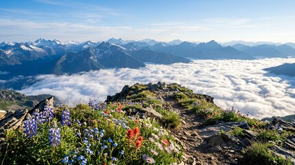 Fototapeta premium Experience the breathtaking Mystic Mountain Cloudscape, a serene sea of clouds flowing over majestic alpine peaks, offering a tranquil escape for wellness travel and inspiring natural exploration