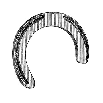 Three-quarter open horseshoe with traditional metal design, old vintage illustration, 1889.