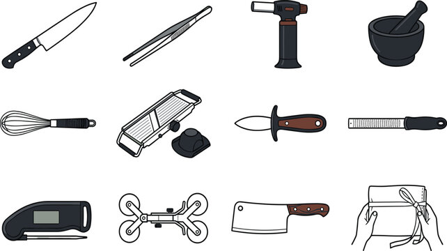 Kitchen Utensil and Culinary Tool Collection with Chef Knives, Torch, Mandoline, Mortar, Cleaver and Cooking Equipment Vector Illustration Set