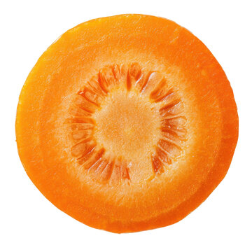 A sliced carrot showing a bright orange interior with a light central core. full length isolate on transparent background