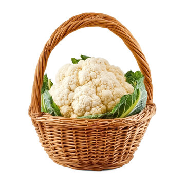 cauliflower placed in a basket, showcasing its large, compact structure. full length isolate on transparent background