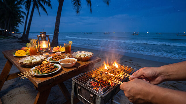 Person grilling traditional satay over a charcoal grill at a tropical beach campsite during dusk.
