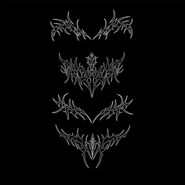 Collection of symmetrical neo tribal ornaments with sharp cyber sigilism details for tattoo and vector design.