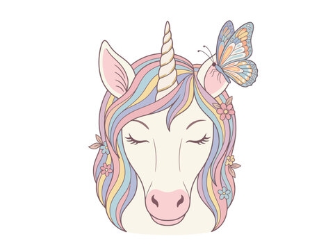 Pastel unicorn face with floral mane on white background for design
