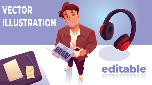 Modern Workspace with Man Holding Laptop and Coffee, Floating Headphones and Office Accessories