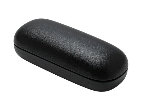 A sleek black hard shell eyeglass case with smooth rounded edges resting horizontally on a white background