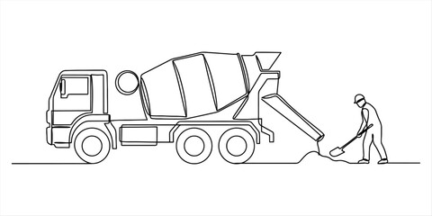 Concrete mixer truck and worker with shovel one continuous line drawing © DCB Line Stocker