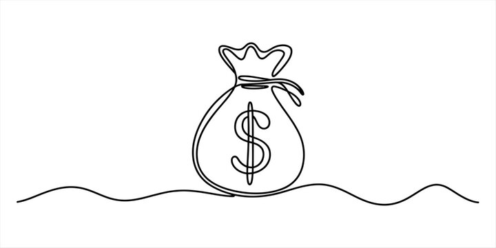 Continuous one line drawing of a money bag with a dollar sign symbol