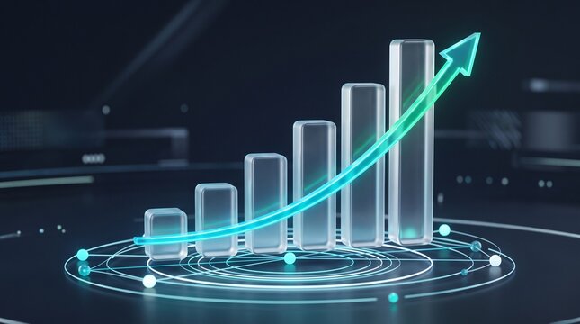 3D financial growth chart with glowing upward neon arrow, concept of corporate business success, positive economic market trend, data analytics, and exponential investment profit.