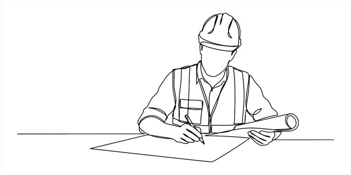 Continuous line drawing of a construction worker wearing a safety helmet and vest holding a pencil while checking paper blueprints on a desk