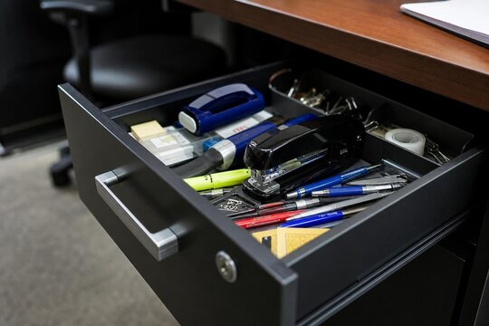 Office supplies scattered inside a half-open desk drawer.