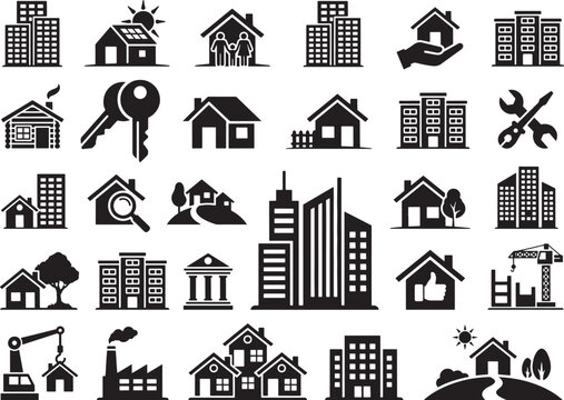 Collection of real estate and construction icons including houses buildings city skyscrapers factory keys and tools on transparent background.