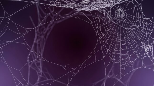 Cobwebs on a dark purple background with white threads and a large empty space