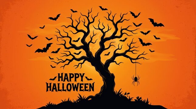 Halloween celebration with spooky tree bats and spider on orange background