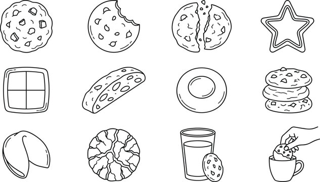 Hand Drawn Cookie and Biscuit Collection with Chocolate Chip, Sandwich Cookies, Fortune Cookie, Milk Glass and Coffee Mug Line Art Vector Set