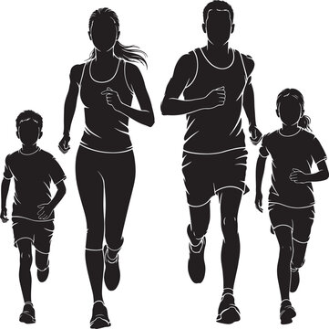 Family running together silhouettes set outdoor physical activity concept isolated figures of active parents and children jogging for health fitness life.