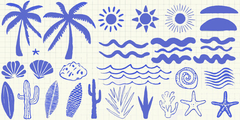 Beach And Ocean Illustration Set Blue Vector Graphics On Grid Background © Bivuti