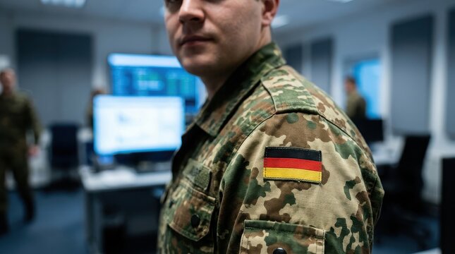 German soldier in camouflage uniform with flag patch standing in a blurred office command center