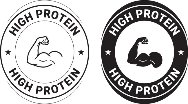 High protein badge design with muscular arm symbol for fitness nutrition supplement packaging and healthy food branding vector set isolated on white background.