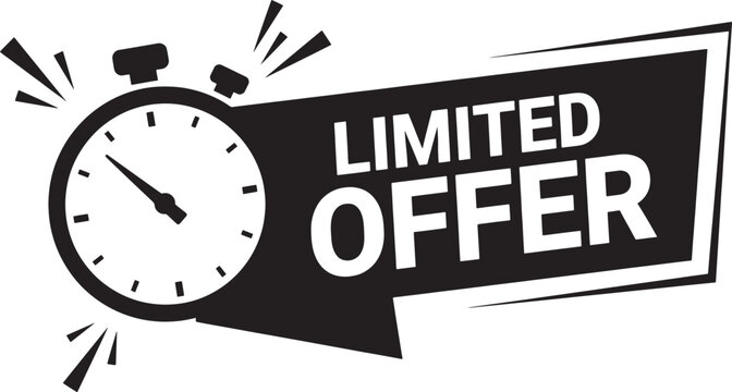 Limited offer sales banner icon with a stop watch timer illustration for digital marketing promotional campaigns and e-commerce retail store discount events.