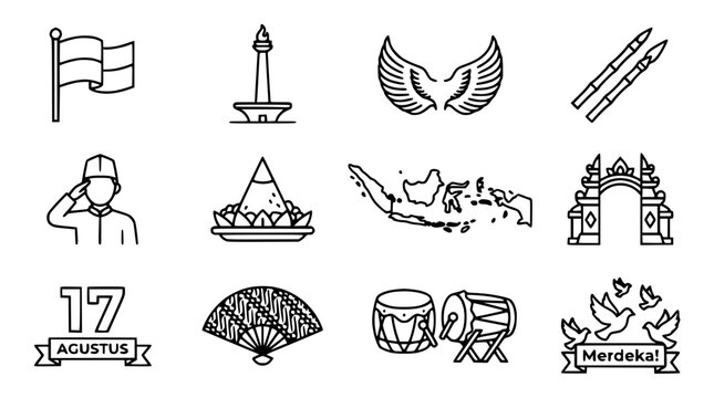 Indonesia Independence Day Icons: Flag, Monas, Map, Soldier, Drum, Merdeka Banner