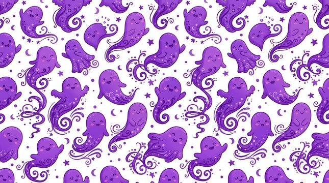 Purple octopus cartoon pattern with stars and moons on white background