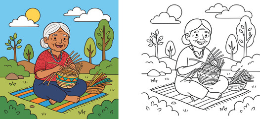 Fototapeta premium Elderly Woman Weaving a Basket Vector Illustration and Coloring Page Sheet, Grandmother Practicing Traditional Handcraft Outdoor Activity in Park