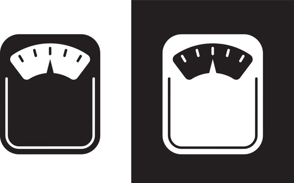 Bathroom scale icons set featuring two simple flat vector designs in solid dark and outlined white styles for weighing body mass and tracking health progress.