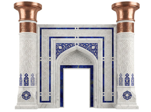 Ornate Islamic marble archway with lapis lazuli and copper details.